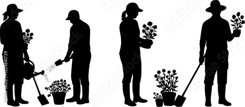 Set of black silhouettes of gardeners working in garden.

