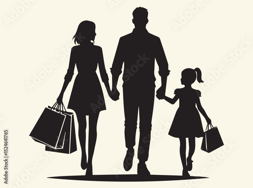 Family Shopping Silhouette Illustration Depicting Parents and Children Holding Hands and Shopping Bags for Retail, Commerce, and Marketing