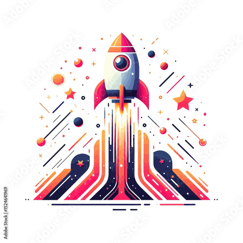 A cartoon rocket launching upwards with streaks and stars, ideal for blogs on startups, technology, progress, or innovation.