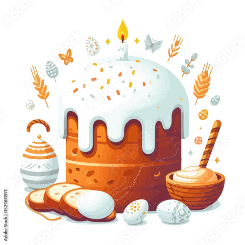 A celebratory Easter cake with icing, a candle, decorated eggs, and wheat, suitable for blogs/websites about holidays, baking, or traditions.
