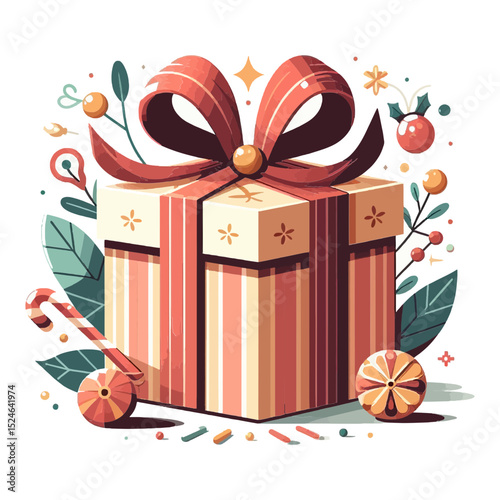 A striped Christmas gift box with a red bow, candy cane, and festive holly, ideal for blogs on holiday shopping, gifts, or seasonal celebrations.