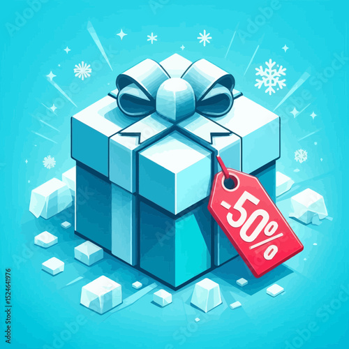 A frosty blue gift box with a "Sale -50%" tag, surrounded by snowflakes and ice, ideal for winter sale or holiday promotion websites and blogs.