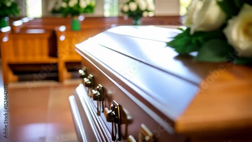 Wooden casket with metal handles and a bouquet of white roses at a funeral service inside of a church, representing end of life and sympathy.