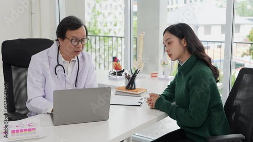 Middle-aged Asian male doctor checking medical results of female patient on tablet in clinic, discussing medical issues with patient during professional healthcare consultation.