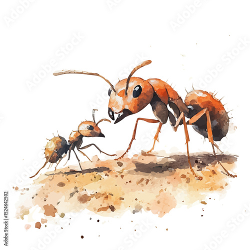 A Mother Ant With Her Kid, watercolor clipart vector, high quality, isolated on a white background.