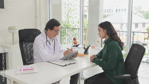 Middle-aged Asian male doctor checking medical results of female patient on tablet in clinic, discussing medical issues with patient during professional healthcare consultation.