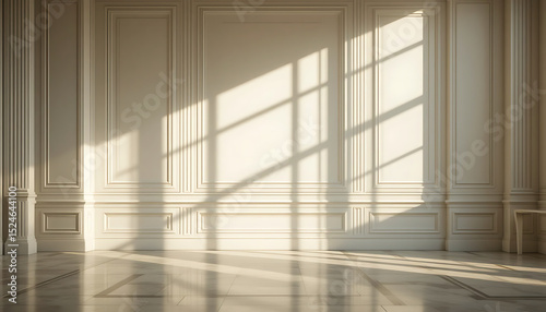 Elegant interior with white classic wall panel and light brown wooden floor