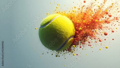A tennis ball is surrounded by colorful particles, creating a dynamic and energetic scene