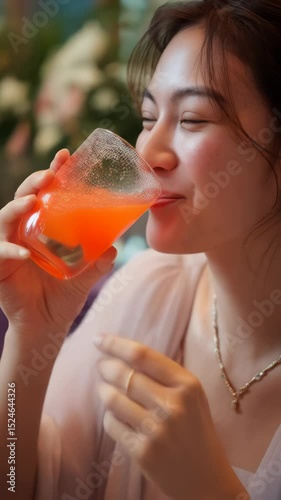 Smiling young woman holding and drinking a glass of vibrant orange juice indoors with soft, natural lighting and a delicate gold necklace.