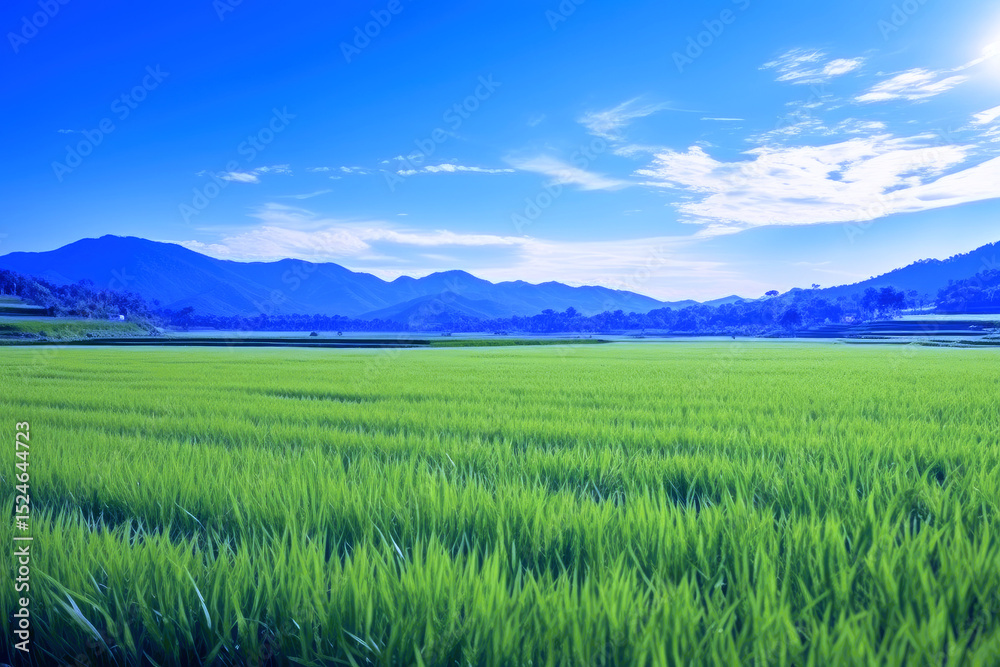 Fototapeta premium Asia s picturesque green rice paddy field beneath a stunning blue sky