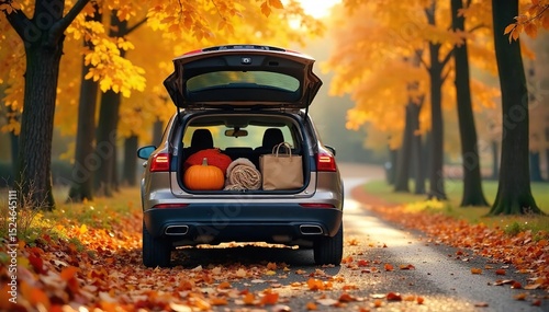 Wallpaper Mural A family's car packed for a Thanksgiving road trip, autumn leaves scattered on the ground beside it Ready for adventure and family time this holiday season , travel, journey, pumpkin Torontodigital.ca