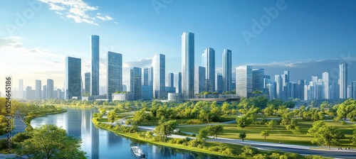 Spectacular skyline of a modern city with serene riverfront parkland