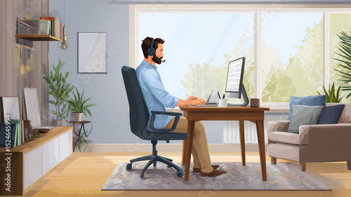 Focused Remote Worker with Headset at Night Workstation