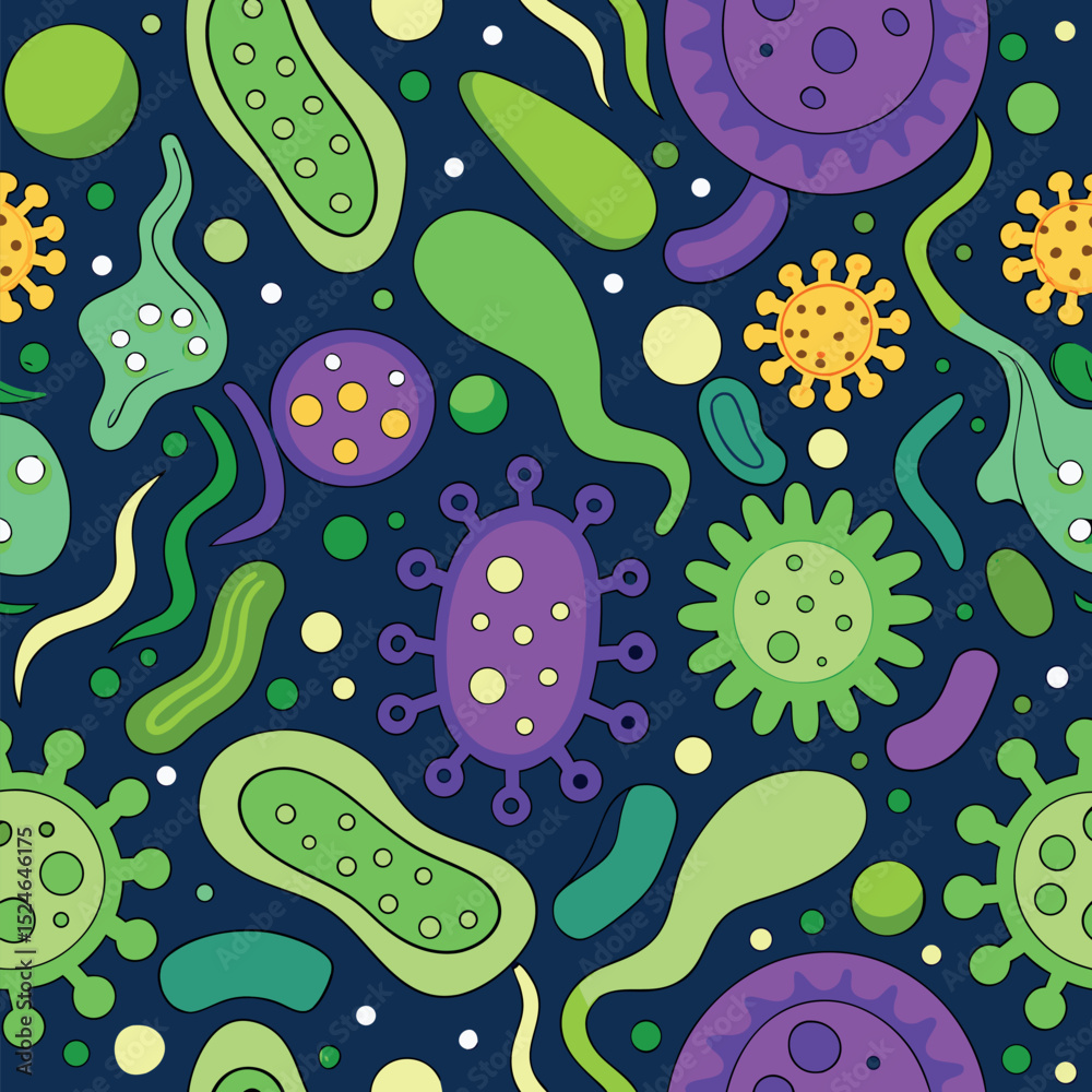 Naklejka premium Microscopic Vector Pattern Featuring Flowing Beneficial Bacteria Shapes