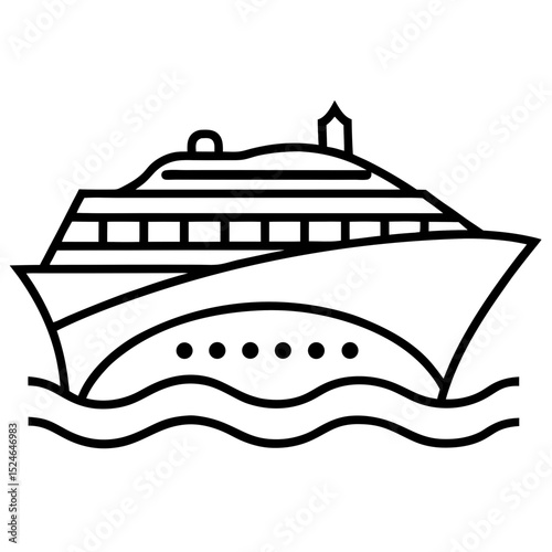 Clean cruise ship line art illustration—perfect for white background use in vacation guides and sailing promotions.