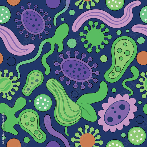Vibrant Green and Purple Vector Pattern of Abstract Beneficial Bacteria Shapes  