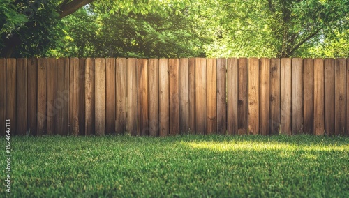 Idyllic backyard scene with a wooden fence and lush green grass photo
