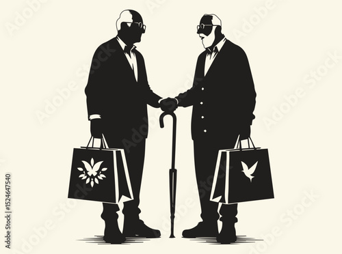 Elderly Person Walking with Cane and Shopping Bag, Grandfather, Old Man Silhouette Illustration Representing Independence and Daily Activities