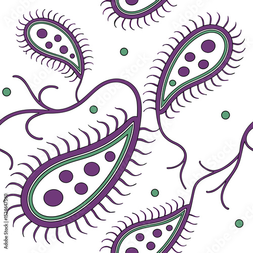 Health and Wellness Vector Pattern with Stylized Gut Flora and Bacteria  