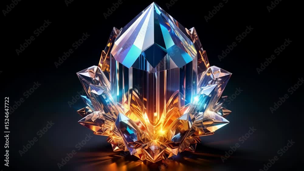 Geometric crystalline structure with multiple facets illuminated by vibrant blue and orange lights on a seamless black background