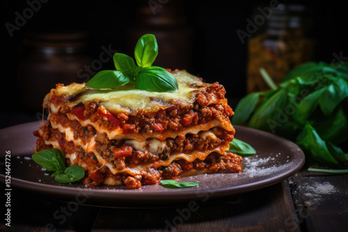 Delicious homemade Italian low carb lasagna bolognese with lupin flour meat tomato sauce and spinach on a rustic wooden background