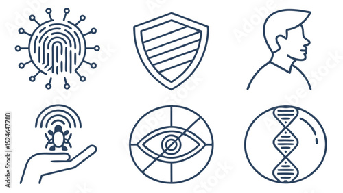 Set of 6 Minimalist Vector Icons for Biometric Security with Fingerprint Scan  