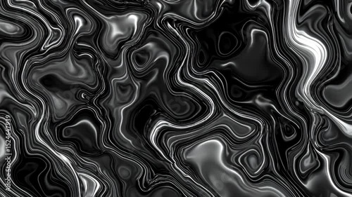 Silver fluid swirls and eddies in a black, liquid field