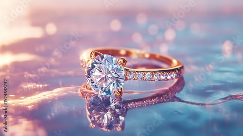 A diamond engagement ring glistens on soft, wave-like satin fabric reflecting delicate hues of blue and pink, symbolizing romance and elegance.
