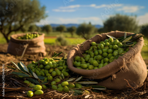 Fresh olives were gathered in sacks in a Cretan field for olive oil production utilizing green nets