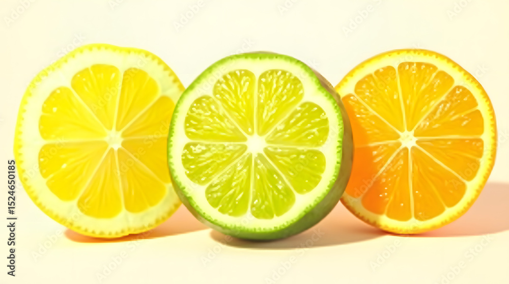 Fototapeta premium Lemon, lime, and orange on solid background 