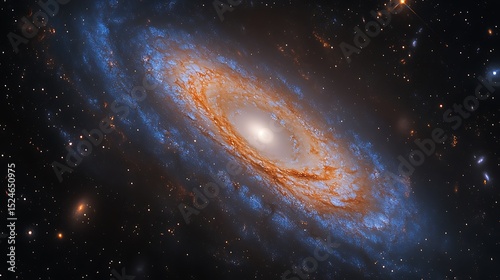 Deep space galaxy shows orange core and blue spiral arms clearly visible