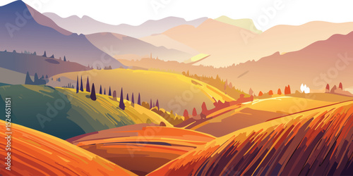 A breathtaking landscape at golden hour, rolling hills bathed in warm, golden-orange sunlight, long dramatic shadows, soft haze in the distance; shot with a telephoto lens from low angle, photorealist