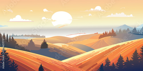 A breathtaking landscape at golden hour, rolling hills bathed in warm, golden-orange sunlight, long dramatic shadows, soft haze in the distance; shot with a telephoto lens from low angle, photorealist