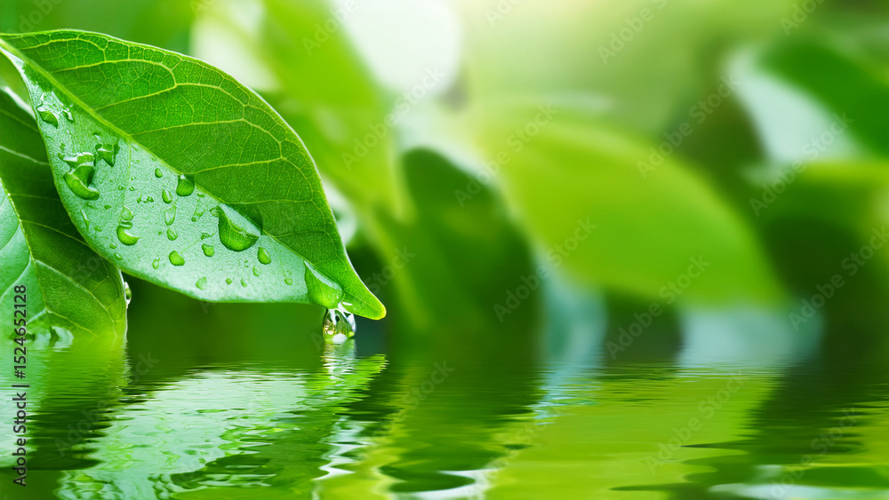 Water Droplets on Leaf with Ripples and Sun Flare Water Droplets on Leaf with Ripples and Sun Flare