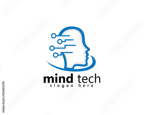 mind tech logo, blue head with technology icon logo design inspiration