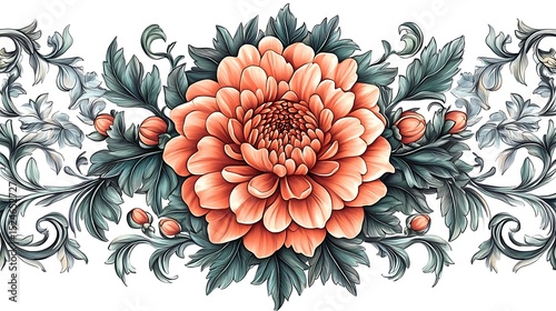 Delicate peach dahlia blooms amidst lush teal foliage and ornamental scrolls in stunning clarity