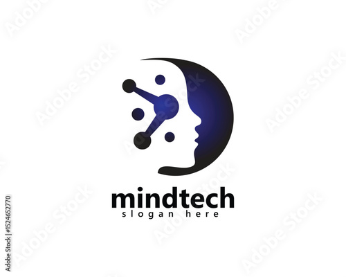 mind tech logo, shadow of head inside circle with neurons, logo design inspiration