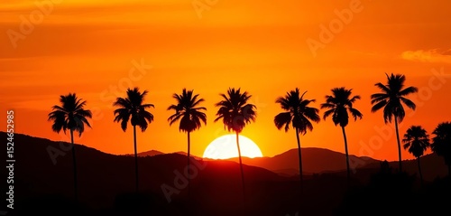 Vibrant sunset silhouette of palm trees and hills against a bright orange sky,  calm,  colorful