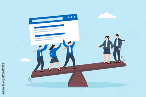 Flat illustration of business marketing team lifting large website page on seesaw to outweigh competitors in search engine ranking