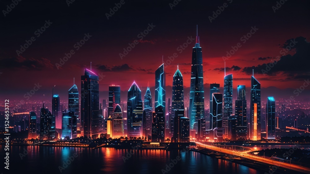 Obraz premium Urban Skyline with Futuristic Buildings and Lights