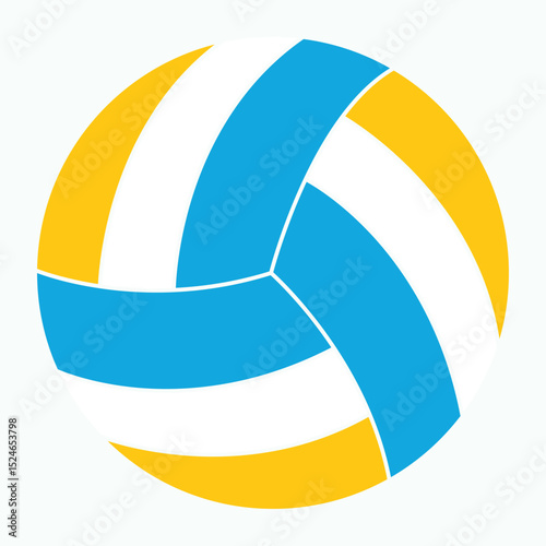 Clean and modern flat illustration of a volleyball ball in blue, yellow, and white with minimalist vector lines.