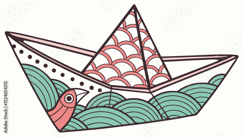 Colorful Origami Boat with Neon Accents – Modern Minimalist Vector Art