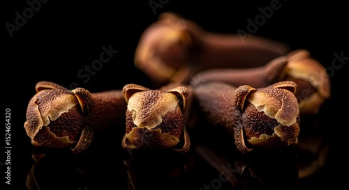 Close up shot of a group of dried cloves on a black reflective surface in detail view photo