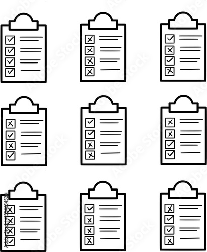 These are some clipboards with different documents checked and crossed out.