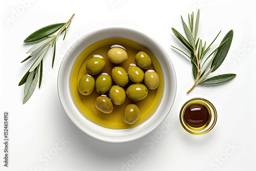 Overhead view of olives nuts and oil in a white bowl