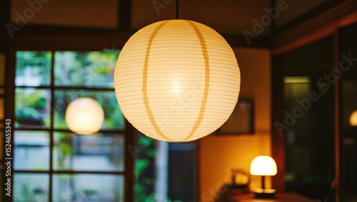 Illuminated Japanese Paper Lantern Hanging in a Tranquil Room