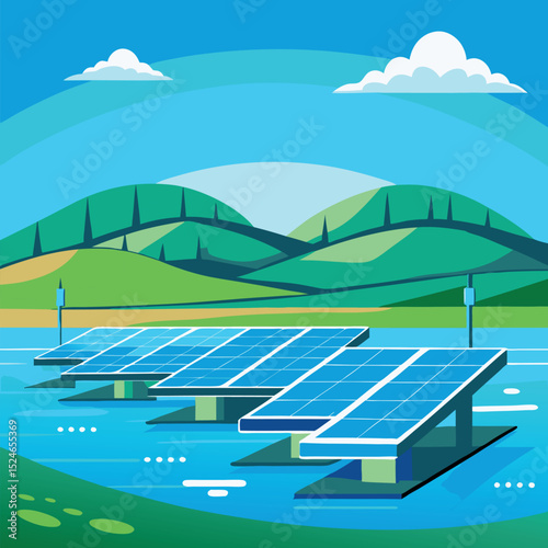 Modern Flat Vector of a Floating Solar Farm with Green Hills  