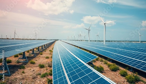 Smart grid infrastructure integrating solar panels and wind turbines, transmission lines, data analytics photo
