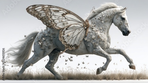 Mystical Horse with Butterfly Wings Running Freely Through a Dreamlike Landscape photo