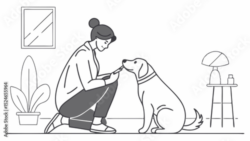 Woman Giving Treat to Dog, Home Interior, Line Art Illustration